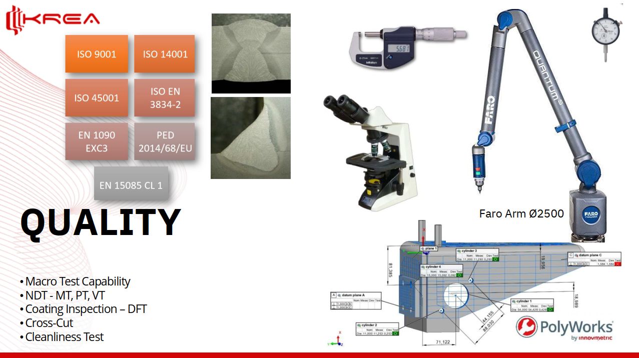 KREA Quality Testing Equipment - FARO Arm Ø2500, Macro Test Capability, NDT Testing Suite, and Coating Quality Tests